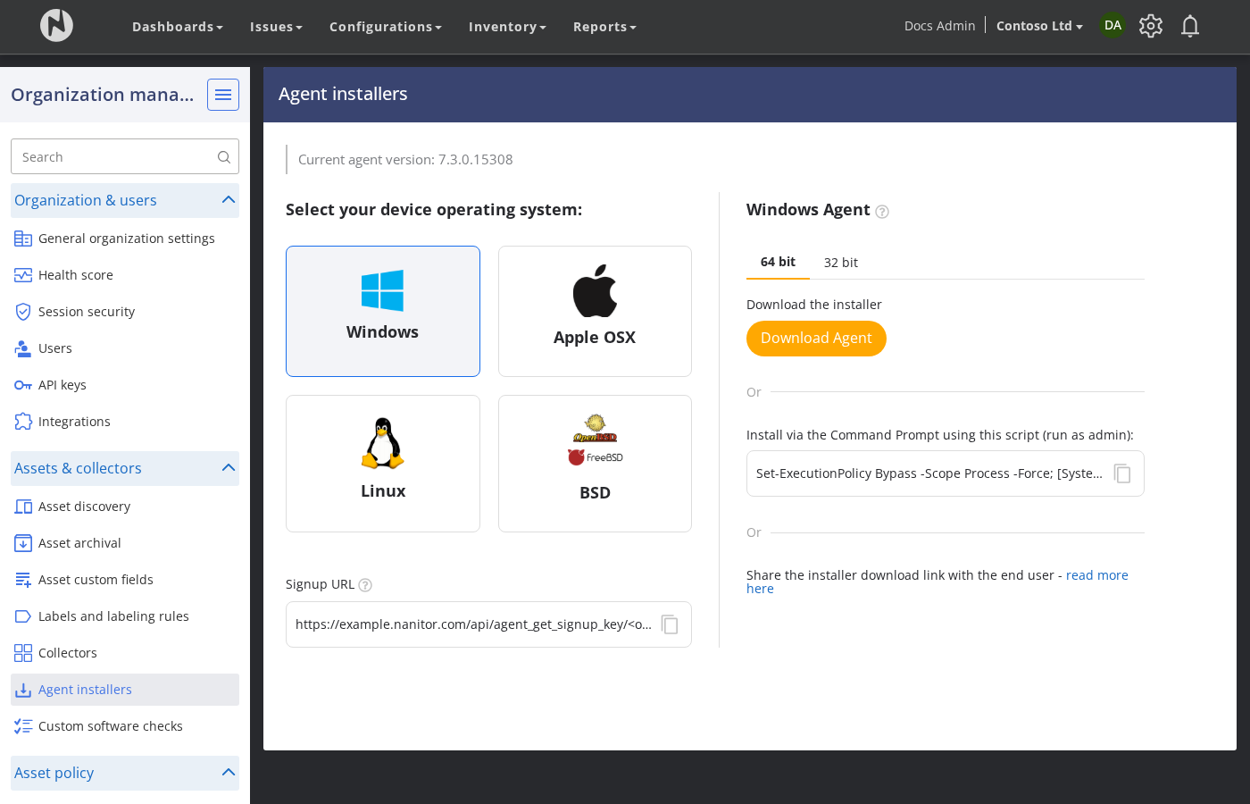 The Agent installers page in Contoso Ltd, with the Signup URL field and its copy icon at the bottom left