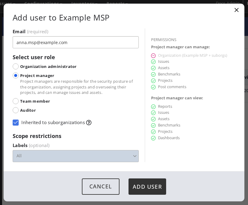 The Add user dialog with the Project manager role and Inherited to suborganizations selected