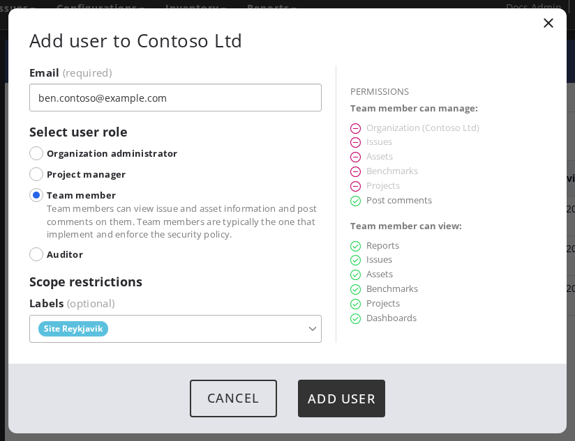 The Add user dialog with the Team member role and the label scope set to Site Reykjavik